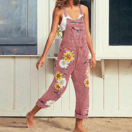 2026 Cross-Border European and American Women's Fashion Wish Amazon Foreign Trade Women's Printed Suspender Pants Denim Overalls European and American Style