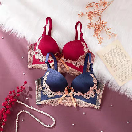 Red Embroidered Lace Sexy Wireless Bra Set for Women, Comfortable Push-Up and Side Support Bra Set