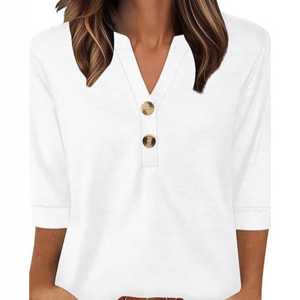 European and American Cross-Border Amazon Women's Plus Size Loose V-Neck Button Three-Quarter Sleeve T-Shirt Women's New Knitted Women's Clothing