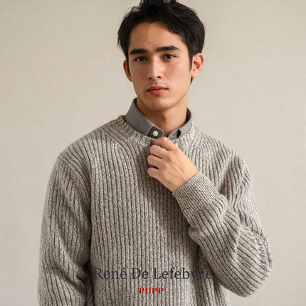 100% Wool Autumn and Winter Round Neck Pit Stripesd Flower Yarn Men's Wool Knitted Sweater