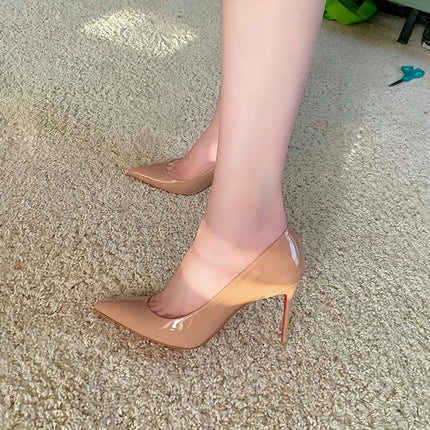 2025 New Spring and Autumn Pointed-Toe Side-Cutout Red-Soled Nude High-Heeled Shoes for Women, Stunning Stiletto Heels, Elegant Black Patent Leather Pumps