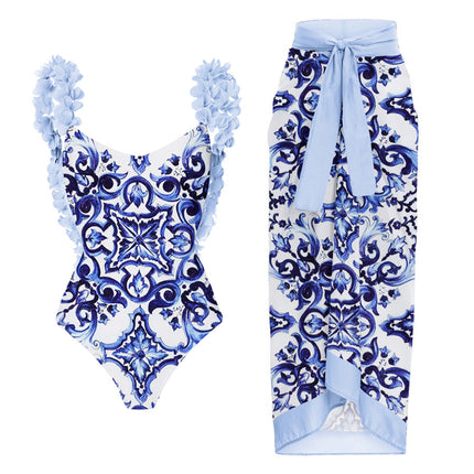 2024 European and American Amazon AliExpress one-piece swimsuit backless applique blue and white porcelain printed swimsuit suit women's 2366