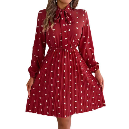 Real Shot of 2026 Spring/Summer European and American Style Polka Dot Tie-Waist Long-Sleeve Pleated Dress Amazon Cross-Border Women's Fashion