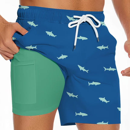 Men's Shark Pattern 2 in 1 Board Shorts with Drawstring and