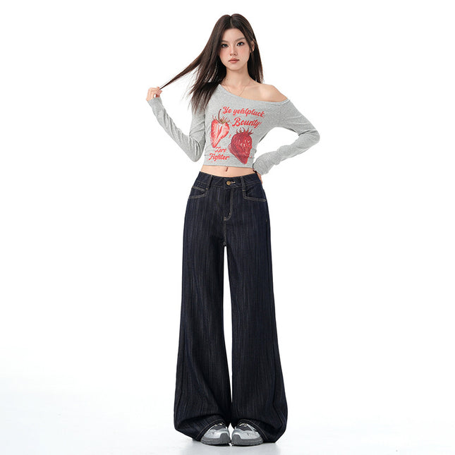 Deep Blue Flared Jeans for Women, Autumn New American High Street Style, Loose Drape Wide-Leg Bell-Bottom Pants