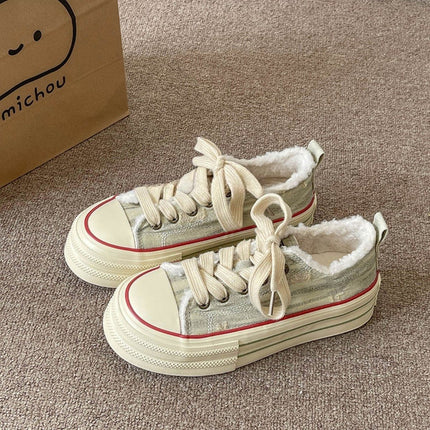 Korean Thick-Soled Canvas Shoes for Women 2025 New Design Niche Fleece-Lined Sneakers Casual Cloth Shoes Starlight Gold
