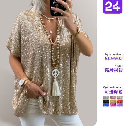 2026 New European and American Amazon Short-Sleeved Urban Casual Color Loose-Fitting Pullover Sequined V-Neck T-Shirt Tops for Women