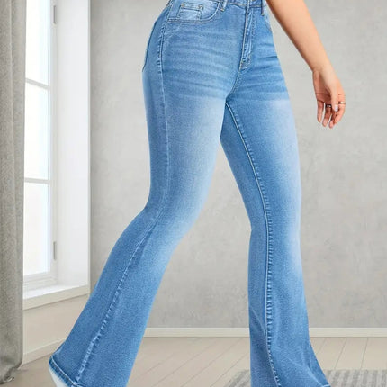 European and American Cross-Border Women's Jeans Stretch Multi-Craft Flap Pocket Pants Design Loose Bell Bottoms Slim Light Blue Trousers
