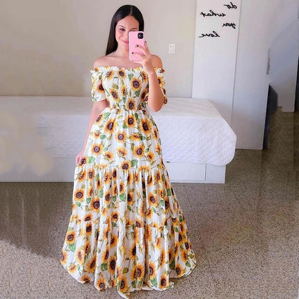 2025 cross-border new spring and summer European and American women's dress off-shoulder floral fashion off-shoulder long printed skirt