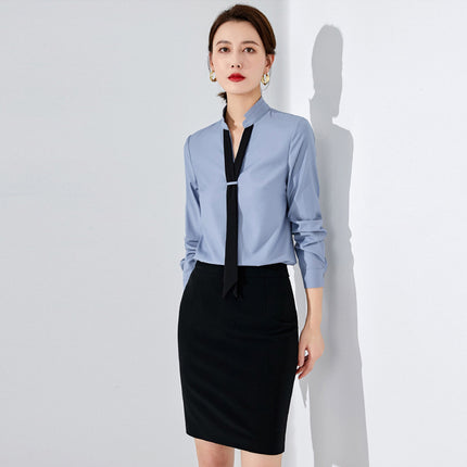 Spring and Autumn fashion long-sleeved shirt V-neck color matching shirt elegant goddess style front desk work clothes suit skirt sales women's suit
