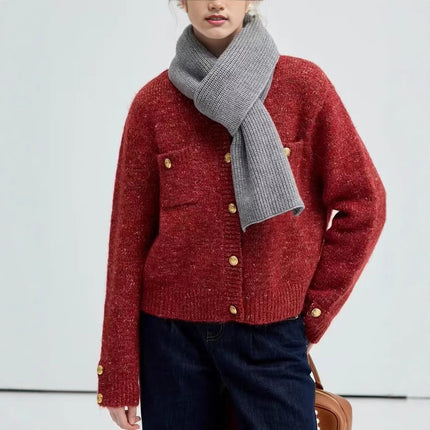 VEG CHAN Red Sweater Women's Autumn and Winter 2024 New Style Chanel Knitted Cardigan Jacket with Sheep Wool
