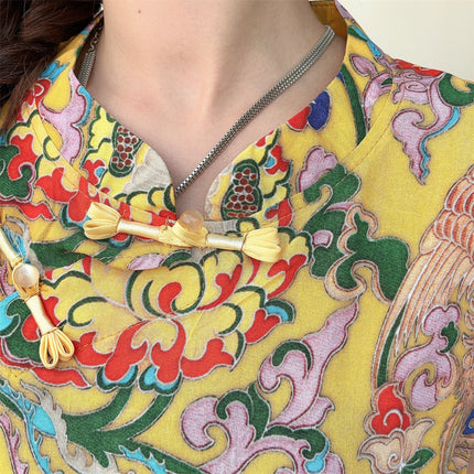 Chinese-Style Button Cotton Silk T-Shirt for Women, Summer Thin Large-Size Rayon V-Neck Pullover Printed Top, National Trend