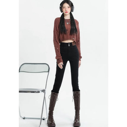 High Waist Leg Jeans Women's 2025 Trendy All-match New Slim-fit Flesh Covering Slimming Tight Pencil Pants
