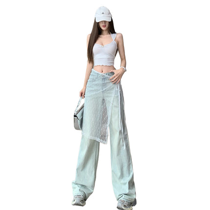 2024 New Lace Lace Mesh Fart Curtain Loose Slimming Straight Jeans Wide Leg Pants