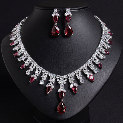 Luxury Dinner Dress Jewelry Red Zircon Necklace suit High-end Wedding Micro-inlay Bridal Wedding Earrings Jewelry