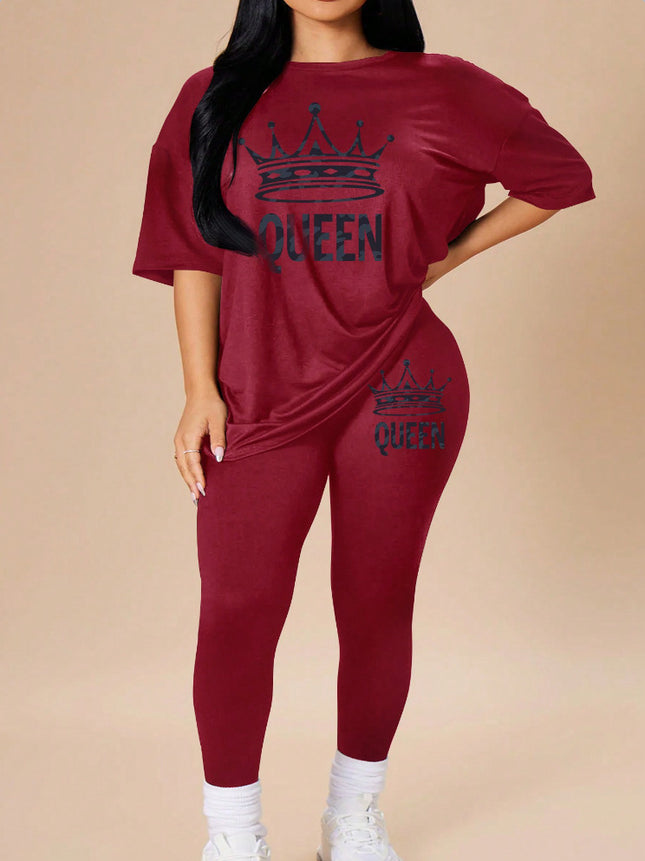 2024 Summer Fashion Versatile Letter Print Casual Loose Short Sleeve Leggings Set Cross-Border Spring and Summer Style