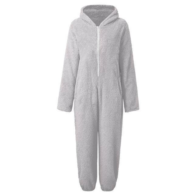 2022 Cross-border Europe and America Amazon Solid Color Thickened Double-sided Fleece Hooded Jumpsuit Casual Couple Home Wear