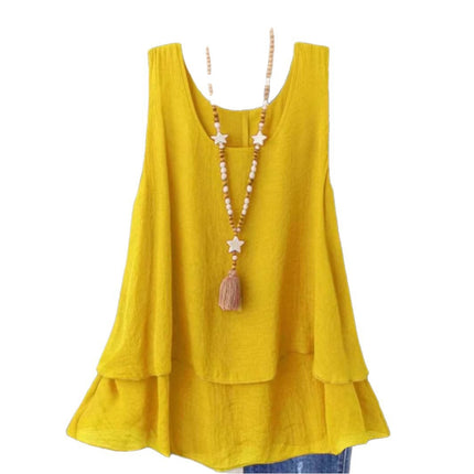 European and American Cross-Border 2025 Amazon Temu Foreign Trade Summer New Solid Color Sleeveless U-Neck Fake Two-Layer T-Shirt Women's Clothing