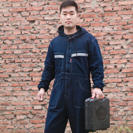 One-piece Denim work clothes painting welding dustproof site machine repair cotton one-piece work protection clothes suit with cap