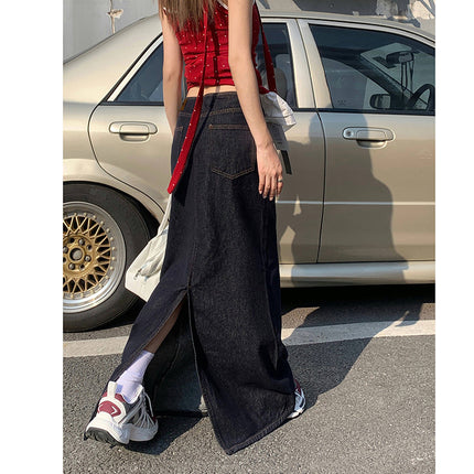 American Style Retro Hot Girl Loose Skirt Women's 2025 Summer New High Waist Draping All-match Split Denim Long Skirt