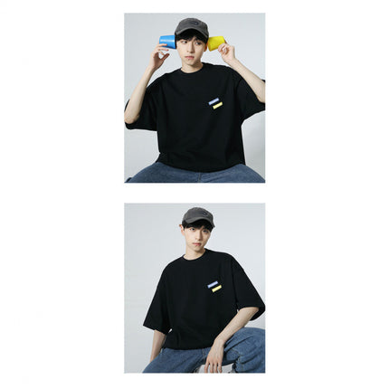 Trendy Autumn Men's Short-Sleeve T-Shirt, Pure Cotton, Round Neck, Plus Size, Loose Fit, Navy Blue