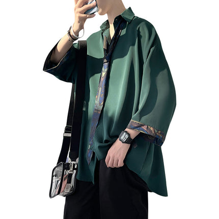 Dark Green Three-Quarter Sleeve Shirt for Men, Summer Niche Stylish Short-Sleeve Shirt, Dk Tie Uniform, Jk Hong Kong Style Floral