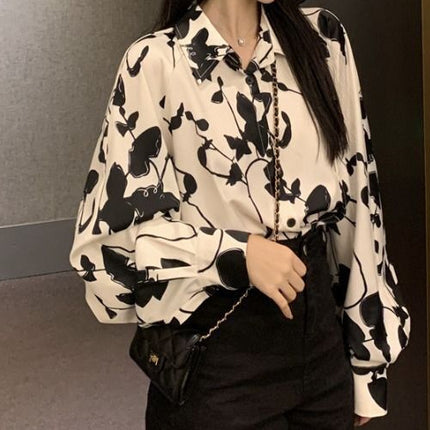 Personalized Printing ~ Retro Elegant Niche Hong Kong Style Long-Sleeved Shirt for Women Spring & Fall New Loose Casual Lapel Shirt