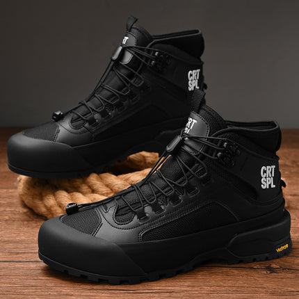 New Men's Stretch Knitted Fabric Leather Lace-Up Sneakers Versatile Thick-Soled Casual Shoes Running Shoes Hiking Shoes