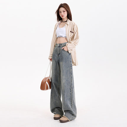 American Style Vintage Old-fashioned High Waist Fur Edge Wide Leg Pants Women's Spring New Straight Loose Slimming All-match Jeans for Women