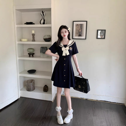 Plus-Size Women's Clothing 2026 Summer New Style Navy Collar Dress with Embroidery, Age-Reducing and Slimming A-Line Long Dress for Curvy Women