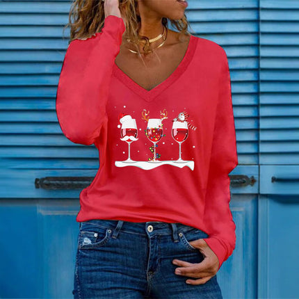 New Color European and American Amazon Aliexpress Christmas Three Wine Glass Printed Long-Sleeved Versatile Christmas Women's T-Shirt