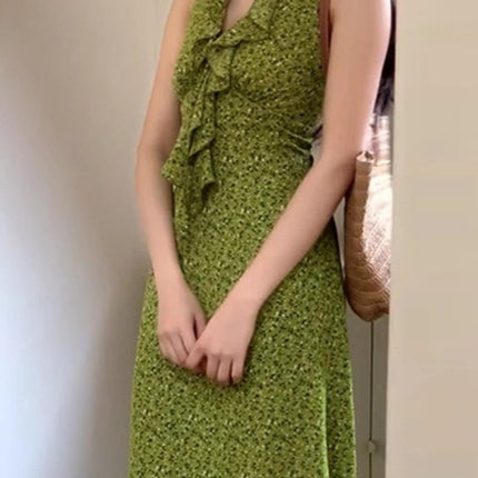 Green French V-Neck Pure Desire Sleeveless Halterneck Floral Dress Women's Summer New Seaside Vacation Long Dress