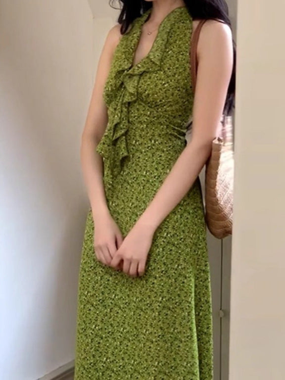 Green French V-Neck Pure Desire Sleeveless Halterneck Floral Dress Women's Summer New Seaside Vacation Long Dress