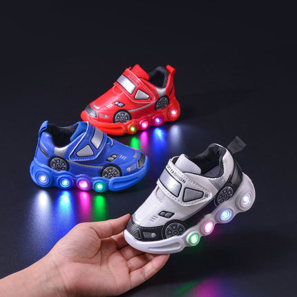 Foreign trade induction lamp shoes boys spring and summer new cartoon car boys and girls sneaker velcro bright light shoes tide