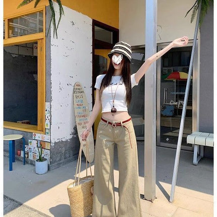 American Khaki Wide-Leg Jeans New Low-Waist Summer Hot Girl Slim Straight Loose Drape Floor-Length Pants