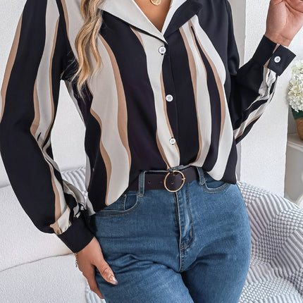 Real Shot of 2026 Spring/Summer European and American Casual Versatile Color-Block Striped Suit Collar Long-Sleeve Shirt for Women, Available on Independent Cross-Border Platforms