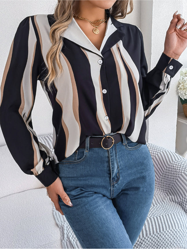 Real Shot of 2026 Spring/Summer European and American Casual Versatile Color-Block Striped Suit Collar Long-Sleeve Shirt for Women, Available on Independent Cross-Border Platforms