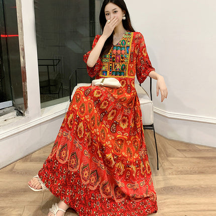 Amazon Cotton Silk Beach Dress Ethnic Style Large Swing Dress V-Neck Mid-Sleeve Dress Embroidered Vintage Floral Long Dress