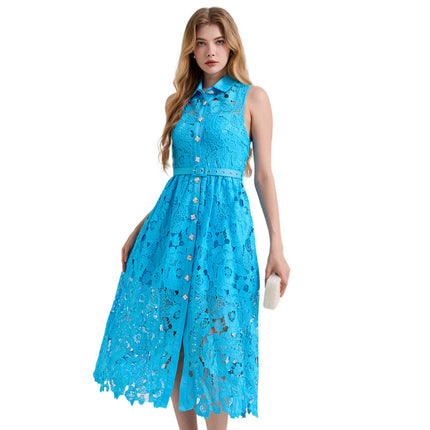Actual Shot of New Summer Products, Contrasting Color Shirt Collar, Slim High-Waisted Sleeveless Dress, Waist-Cinching Diamond Button Skirt