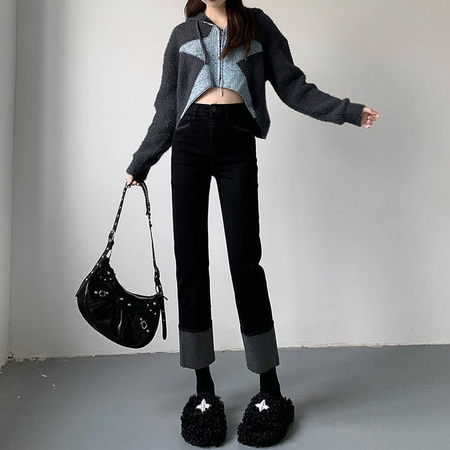 Black straight jeans women's spring and autumn small Winter wide leg baguette pants loose cropped high waist pipe pants