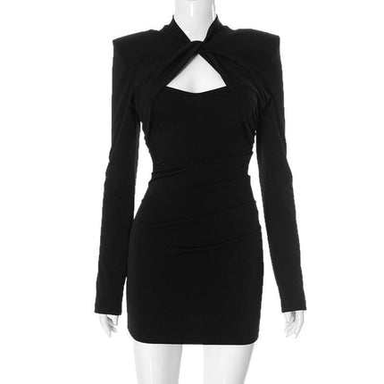 Wish Cross-Border Popular European and American Fashion Solid Color Long-Sleeve Hollow-Out Stylish Sexy Elegant Bodycon Slimming Dress Trend