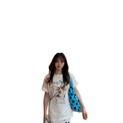 Korean Style Lazy and Cute Dog Print T-Shirt Short-Sleeved Women's 2025 Summer White Niche Round Neck Loose Top