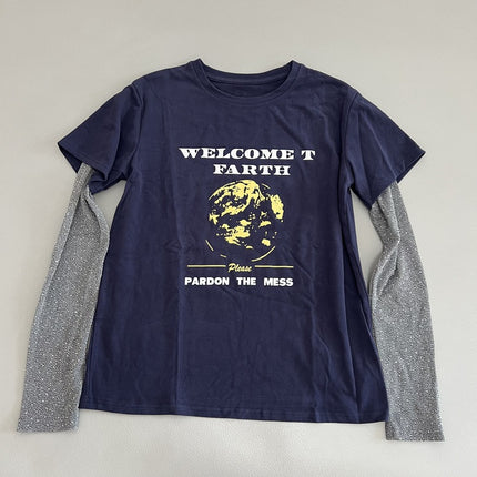 Brushed Letter Print Fake Two-Piece Long-Sleeved T-Shirt for Women in Autum New Casual Versatile Round Neck Top to Look Slim and Reduce Age