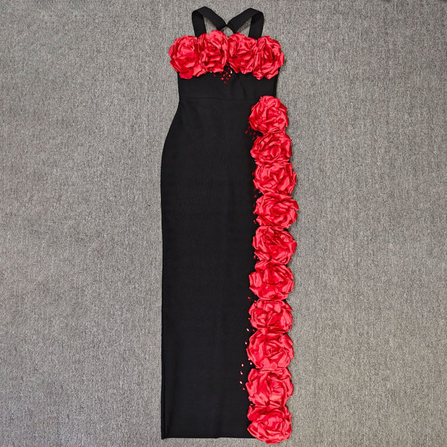 European and American Cross-Border New Fashion Halter Neck Flower Diamond Elegant Elegant Lady Bandage Women's Dress Evening Dress