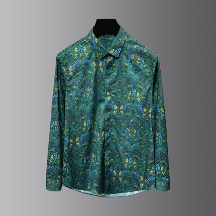 Men's Clothing with a Light Luxury and High-End Feel, Trendy Men's Long-Sleeved Shirts, Printed Peacock Feather Shirts, Light Luxury and Stylish Men's Clothing
