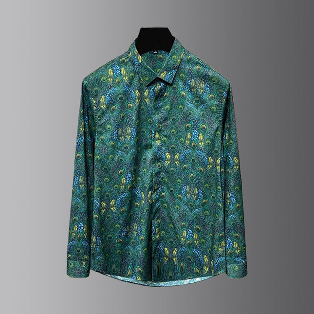 Men's Clothing with a Light Luxury and High-End Feel, Trendy Men's Long-Sleeved Shirts, Printed Peacock Feather Shirts, Light Luxury and Stylish Men's Clothing
