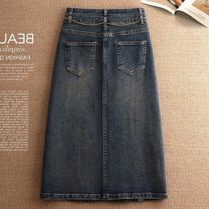 2025 Spring and Summer New Retro Slit Denim Skirt Pear-Shaped Figure High Waist Covering Flesh and Slimming Look A-Line Hip Skirt