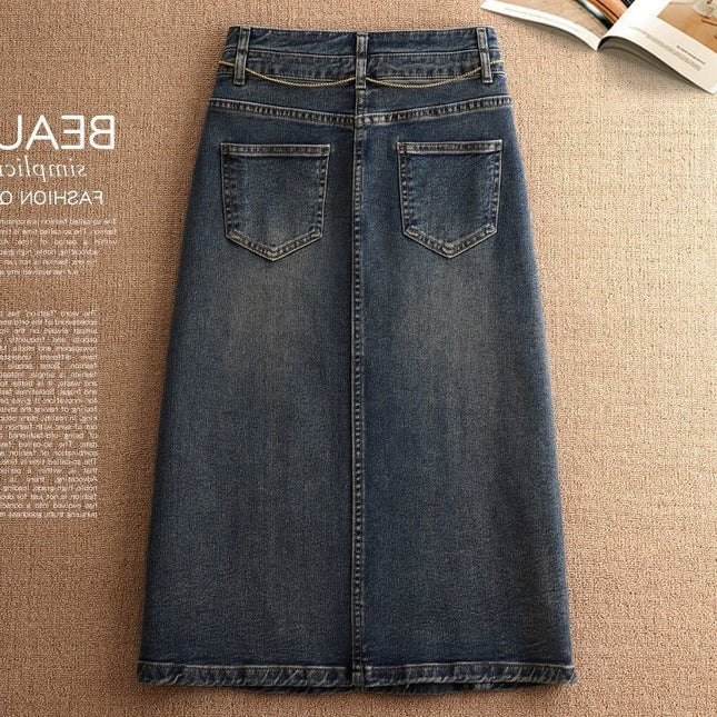 2025 Spring and Summer New Retro Slit Denim Skirt Pear-Shaped Figure High Waist Covering Flesh and Slimming Look A-Line Hip Skirt