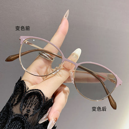 Photo-sensitive color-changing European and American-style cross-border cat's eye fashion anti-blue light flat metal frame advanced student myopia glasses