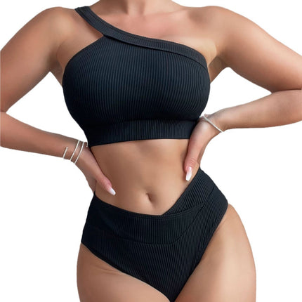 2025 New Bikini Cross-Border European and American Foreign Trade Solid Color Ribbed One-Shoulder High-Waisted Sexy Bikini Swimsuit Swimwear